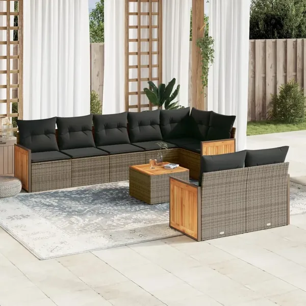 Salon de jardin 9 pcs avec coussins gris résine tressée