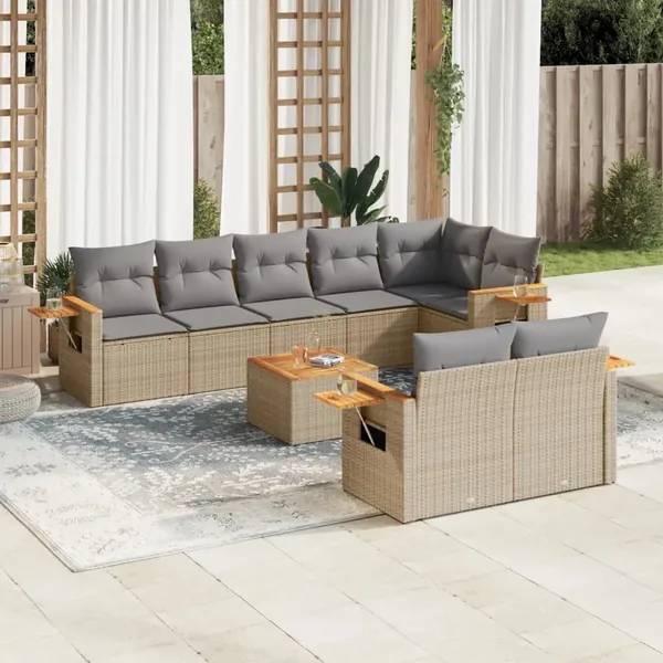 Salon de jardin 9 pcs avec coussins gris résine tressée