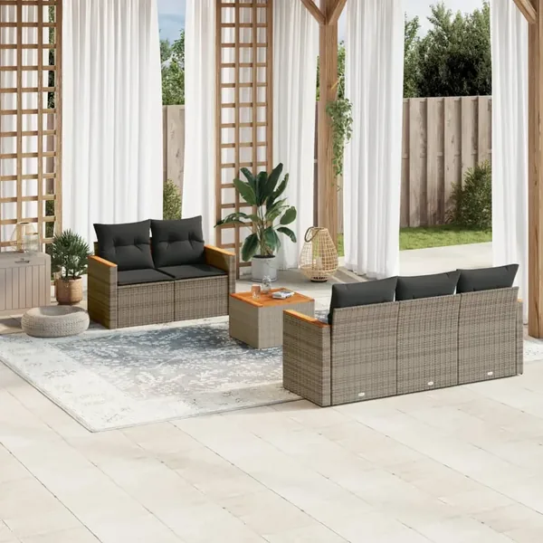 Salon de jardin 6 pcs avec coussins gris résine tressée