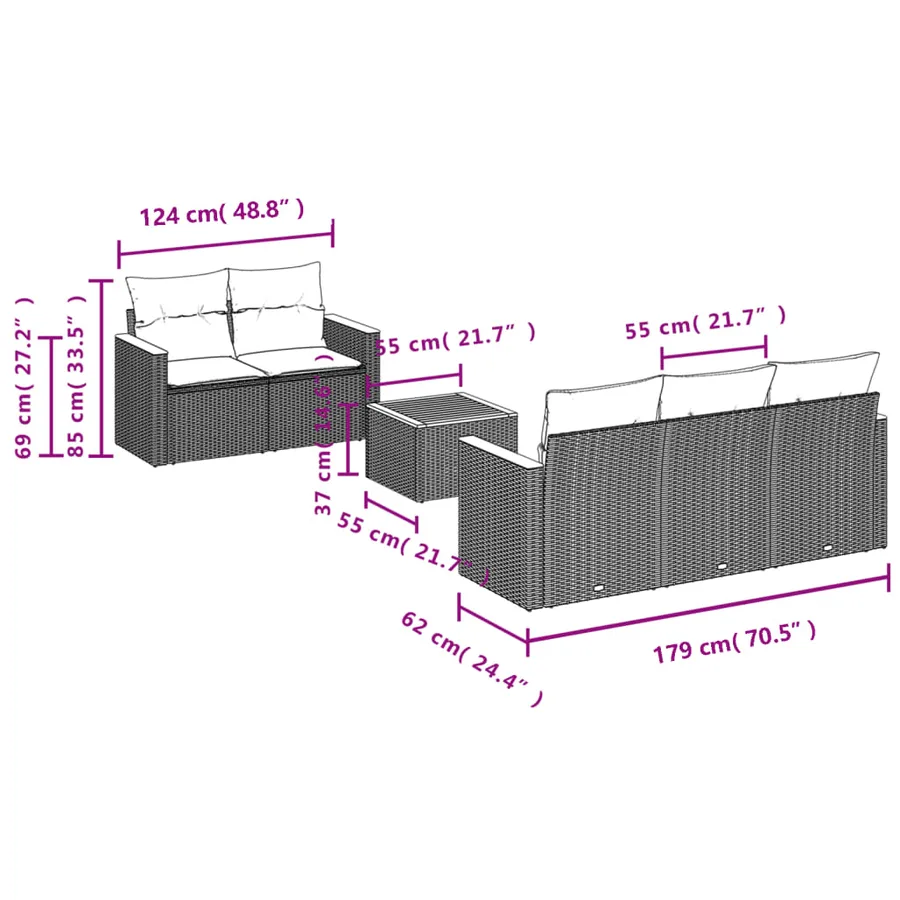 Salon de jardin 6 pcs avec coussins gris résine tressée - 7