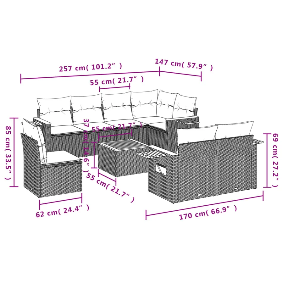 Salon de jardin 9 pcs avec coussins gris résine tressée - 9