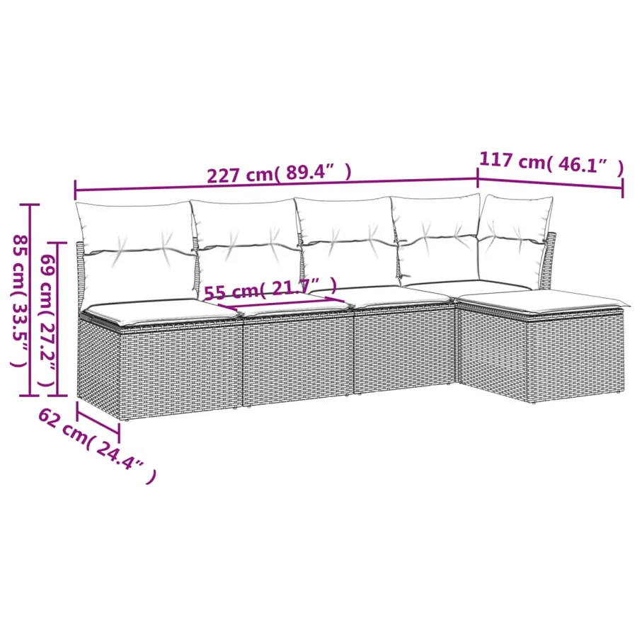 Salon de jardin 5 pcs avec coussins gris résine tressée - 3