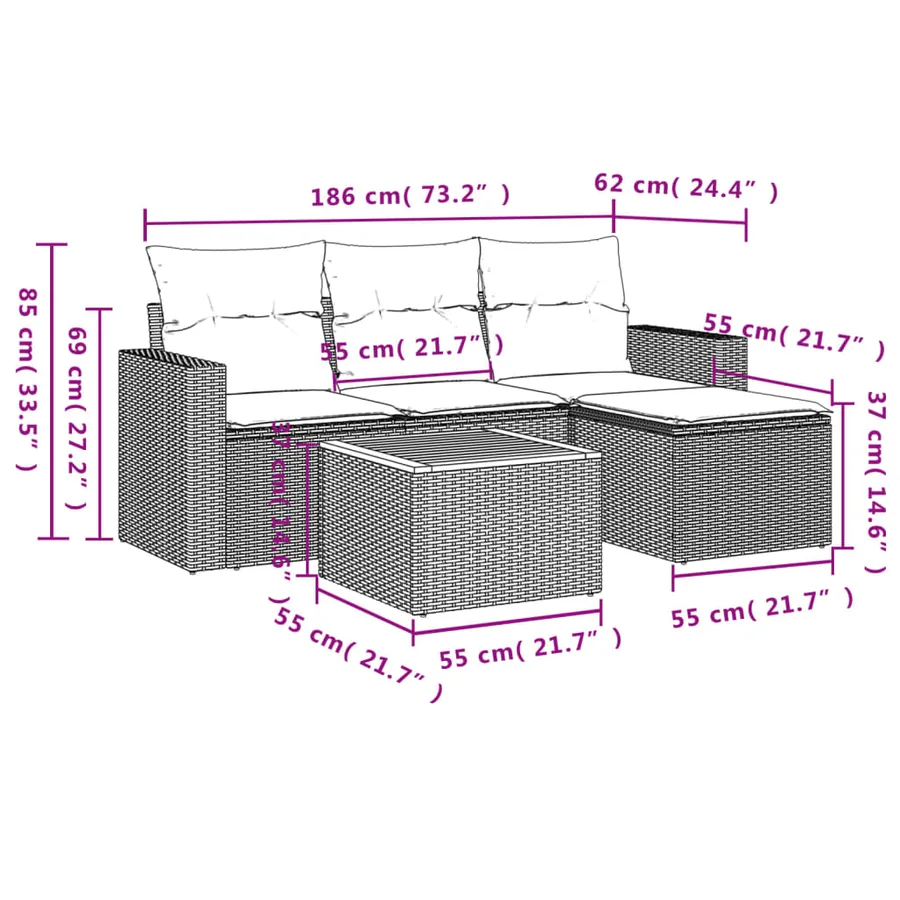 Salon de jardin 5 pcs avec coussins gris résine tressée - 3