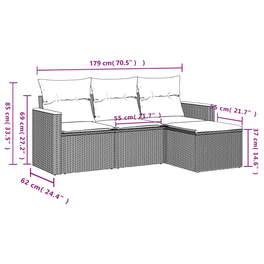 Salon de jardin 4 pcs avec coussins gris résine tressée - 7