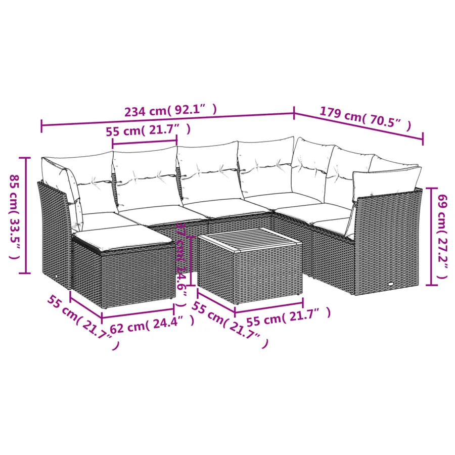 Salon de jardin 8 pcs avec coussins gris résine tressée - 3