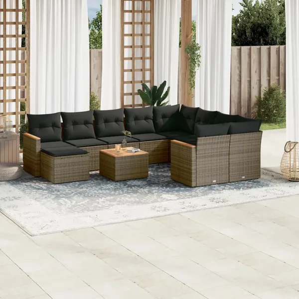 Salon de jardin 11 pcs avec coussins gris résine tressée