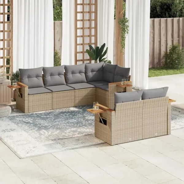 Salon de jardin avec coussins 7 pcs beige résine tressée