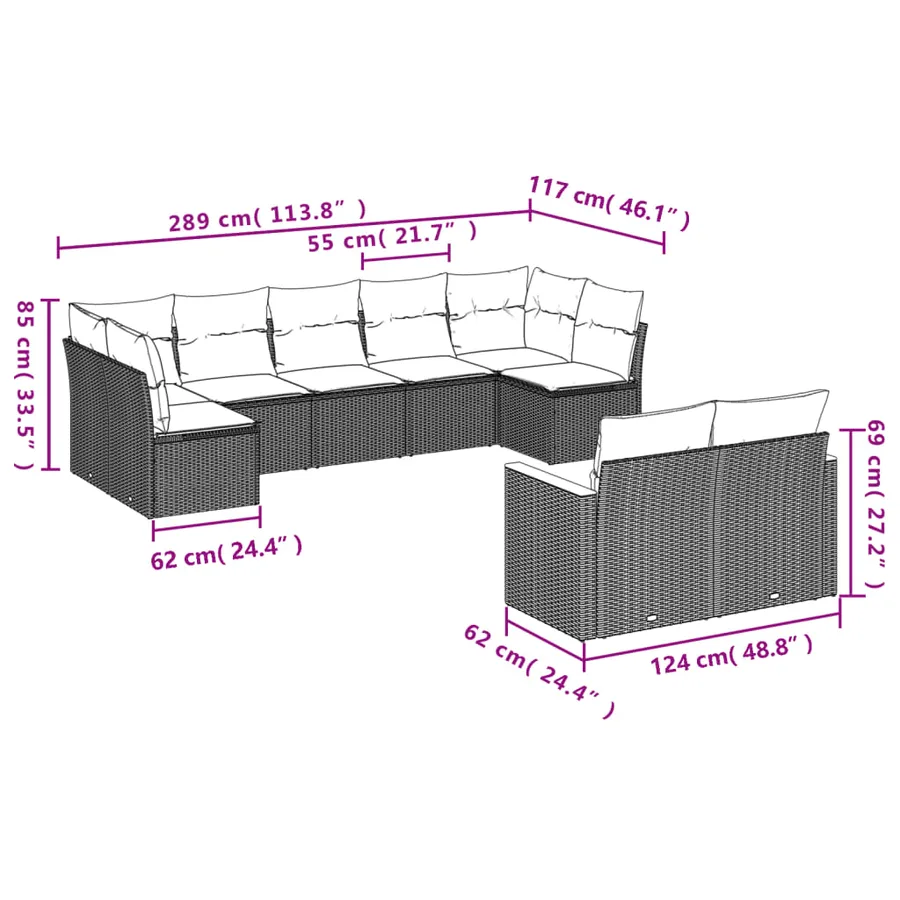 Salon de jardin avec coussins 9 pcs beige résine tressée - 3