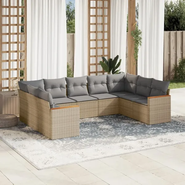 Salon de jardin avec coussins 9 pcs beige résine tressée