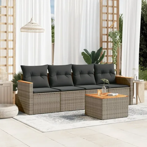 Salon de jardin 5 pcs avec coussins gris résine tressée
