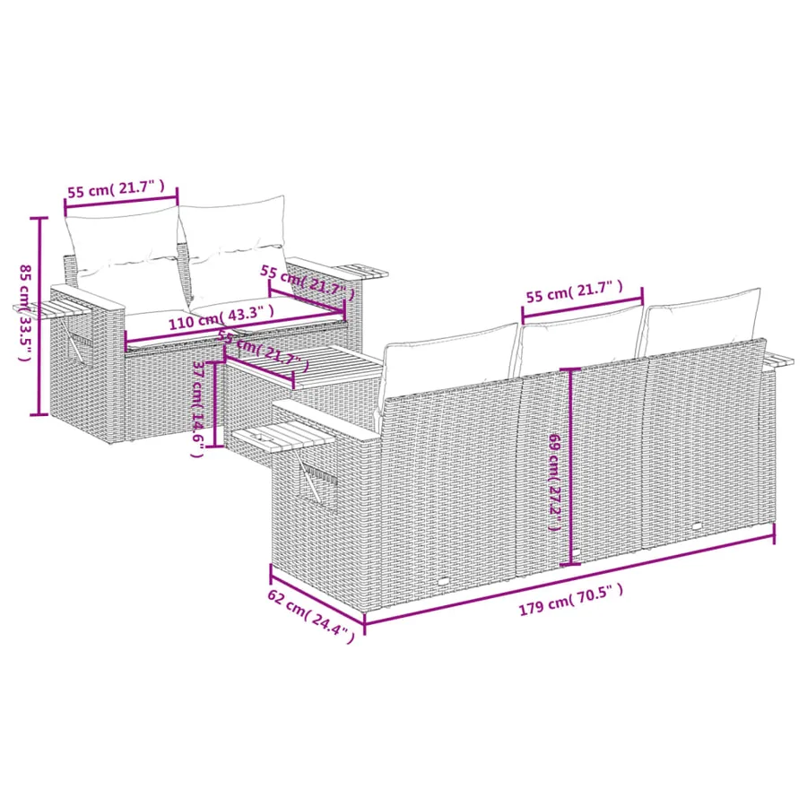 Salon de jardin 6 pcs avec coussins gris résine tressée - 3