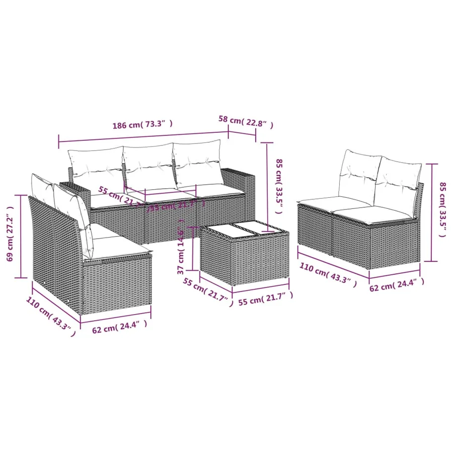 Salon de jardin avec coussins 8 pcs beige résine tressée - 3