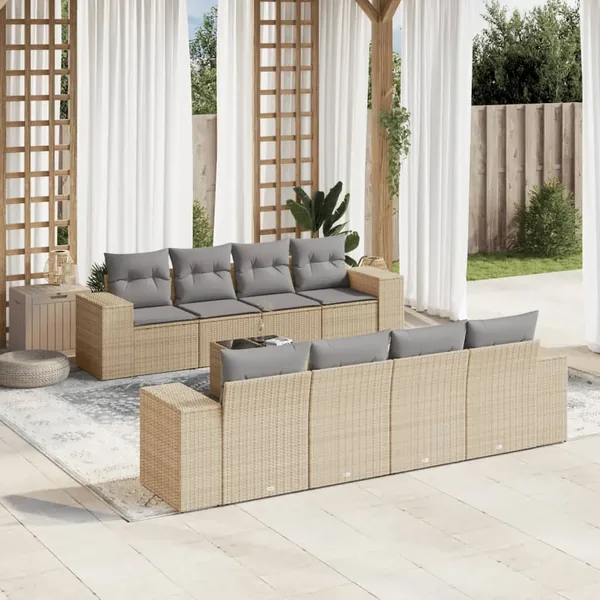 Salon de jardin avec coussins 9 pcs beige résine tressée