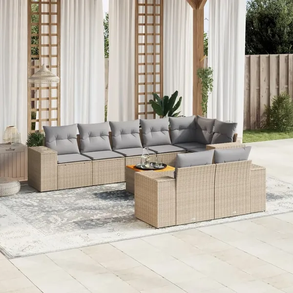 Salon de jardin avec coussins 9 pcs beige résine tressée