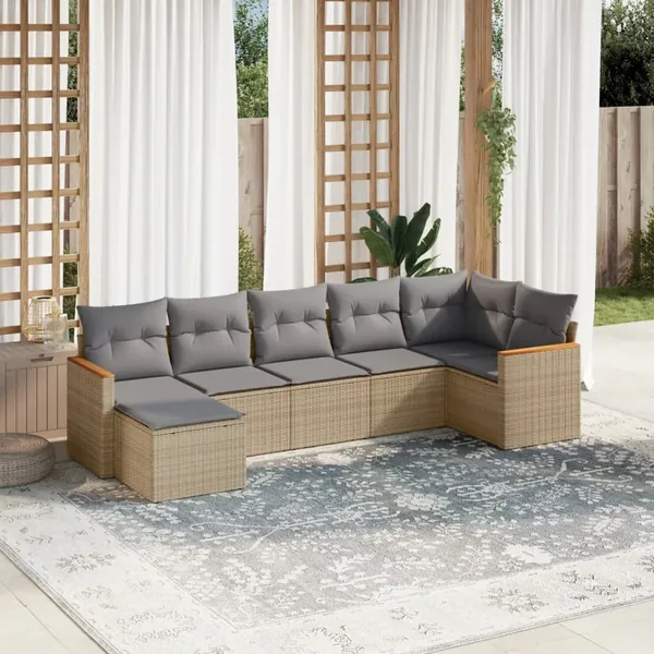 Salon de jardin avec coussins 7 pcs beige résine tressée