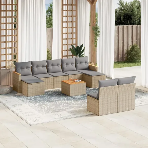 Salon de jardin avec coussins 10 pcs beige résine tressée