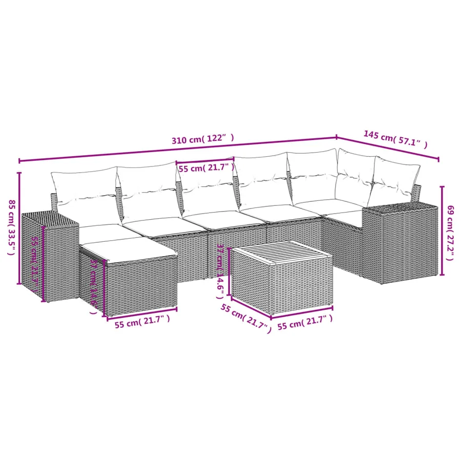 Salon de jardin avec coussins 8 pcs beige résine tressée - 3