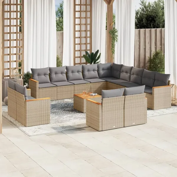 Salon de jardin avec coussins 14 pcs beige résine tressée