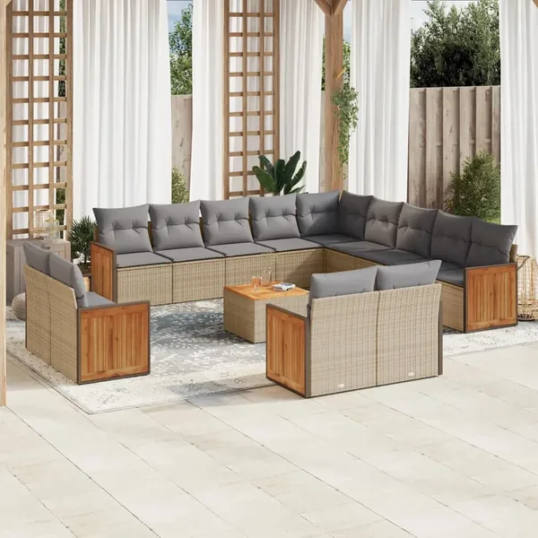 Salon de jardin avec coussins 14 pcs beige résine tressée