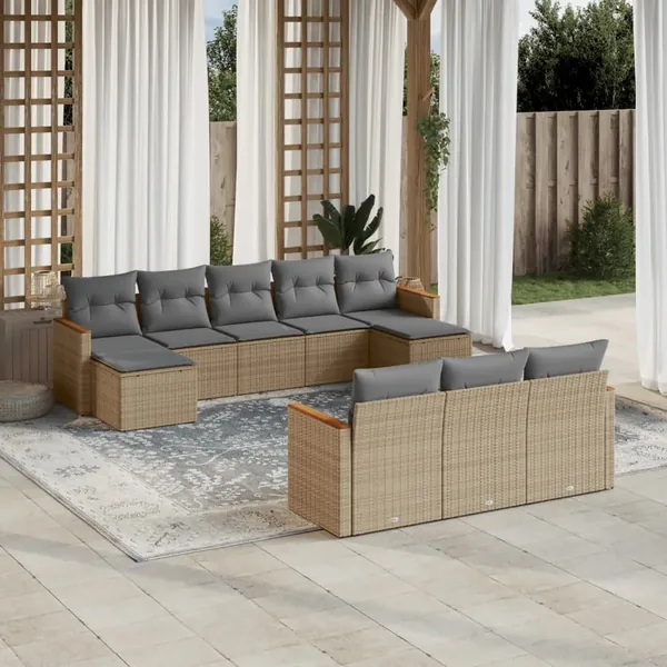 Salon de jardin avec coussins 10 pcs beige résine tressée