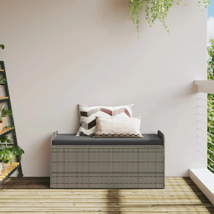 Banc de rangement avec coussin gris 115x51x52 cm résine tressée - 3