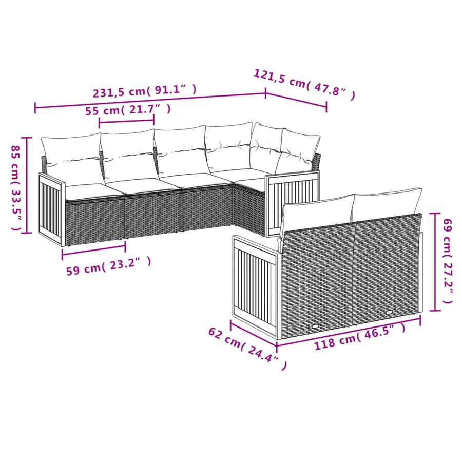 Salon de jardin 7 pcs avec coussins noir résine tressée 62 x 62 x 69 cm - 67,0 kg - 3