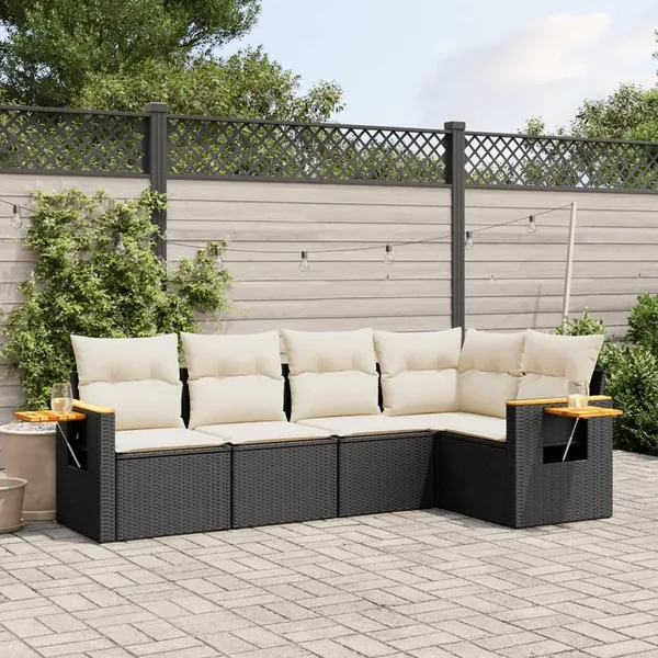 Salon de jardin 5 pcs avec coussins noir résine tressée