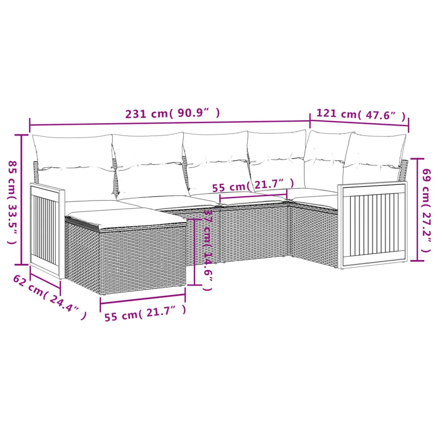 Salon de jardin 6 pcs avec coussins noir résine tressée - 3