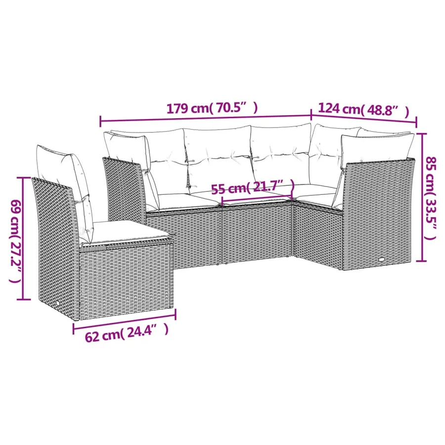 Salon de jardin 5 pcs avec coussins noir résine tressée - 3