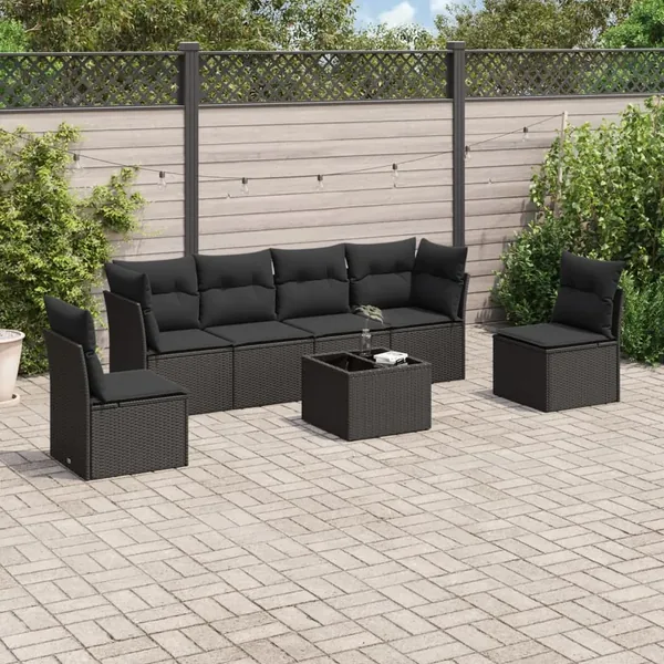 Salon de jardin 7 pcs avec coussins noir résine tressée 62 x 62 x 69 cm - 57,8 kg