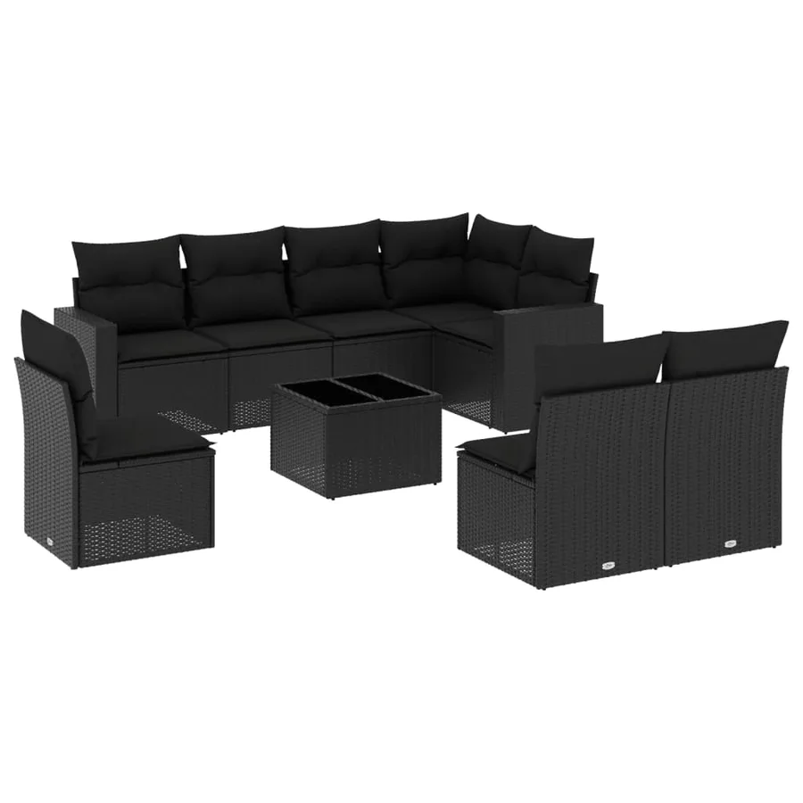 Salon de jardin 9 pcs avec coussins noir résine tressée - 2