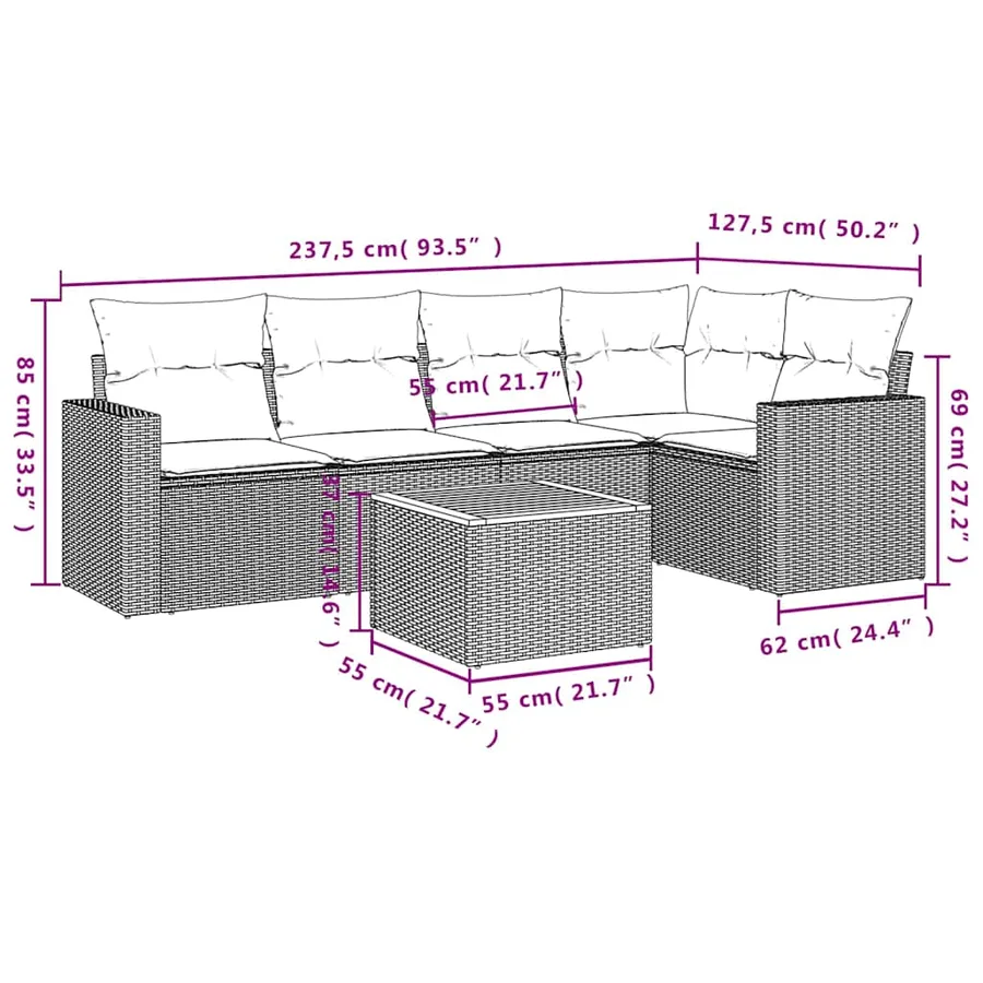 Salon de jardin 6 pcs avec coussins noir résine tressée - 12