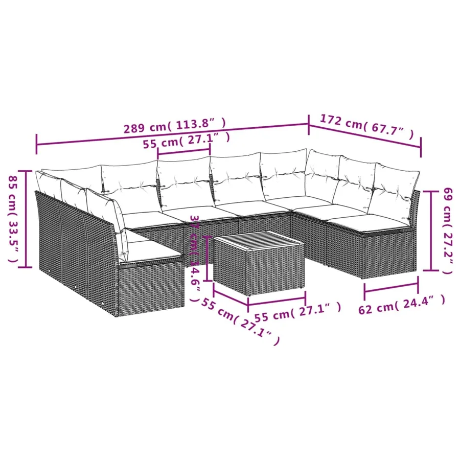 Salon de jardin 10 pcs avec coussins noir résine tressée - 10