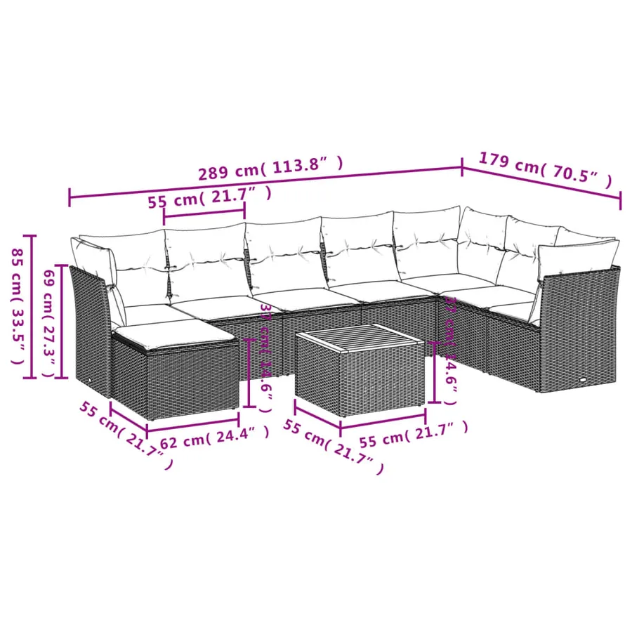 Salon de jardin 9 pcs avec coussins noir résine tressée - 11