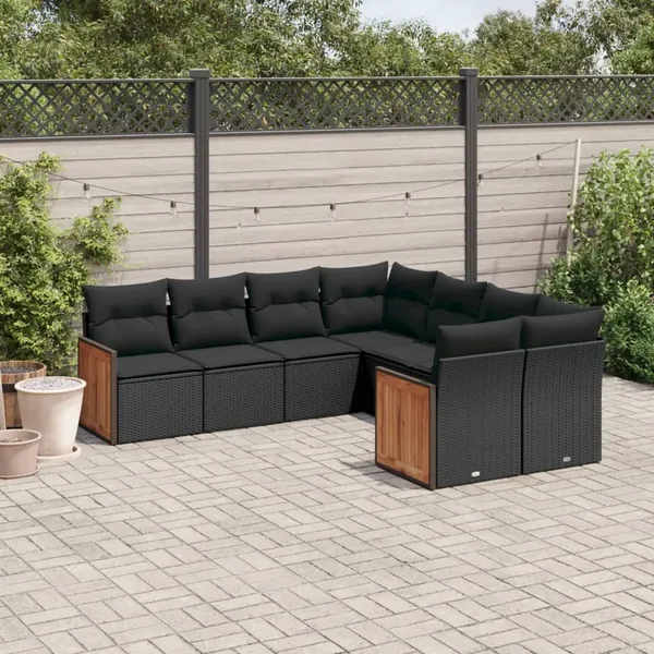 Salon de jardin 8 pcs avec coussins noir résine tressée