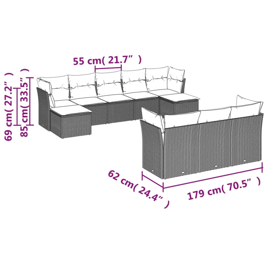 Salon de jardin 10 pcs avec coussins noir résine tressée - 3