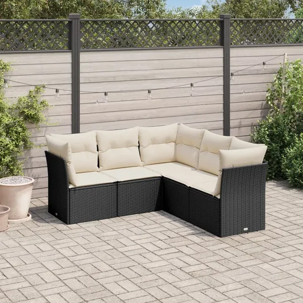 Salon de jardin 5 pcs avec coussins noir résine tressée