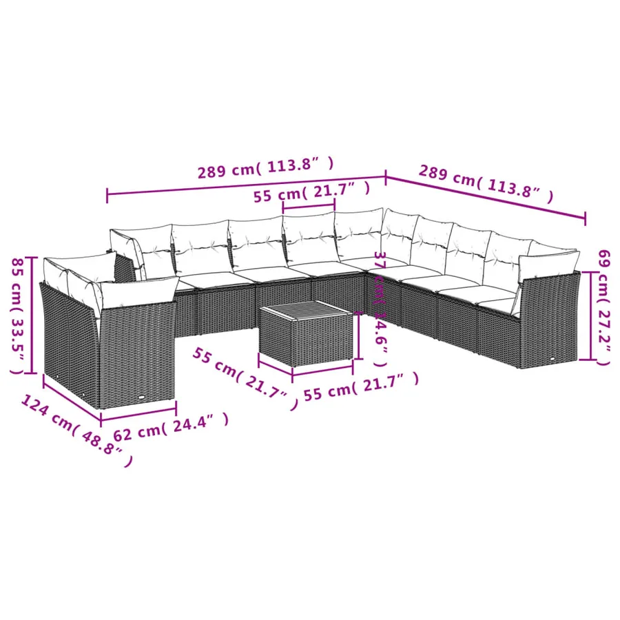 Salon de jardin 12 pcs avec coussins noir résine tressée - 10