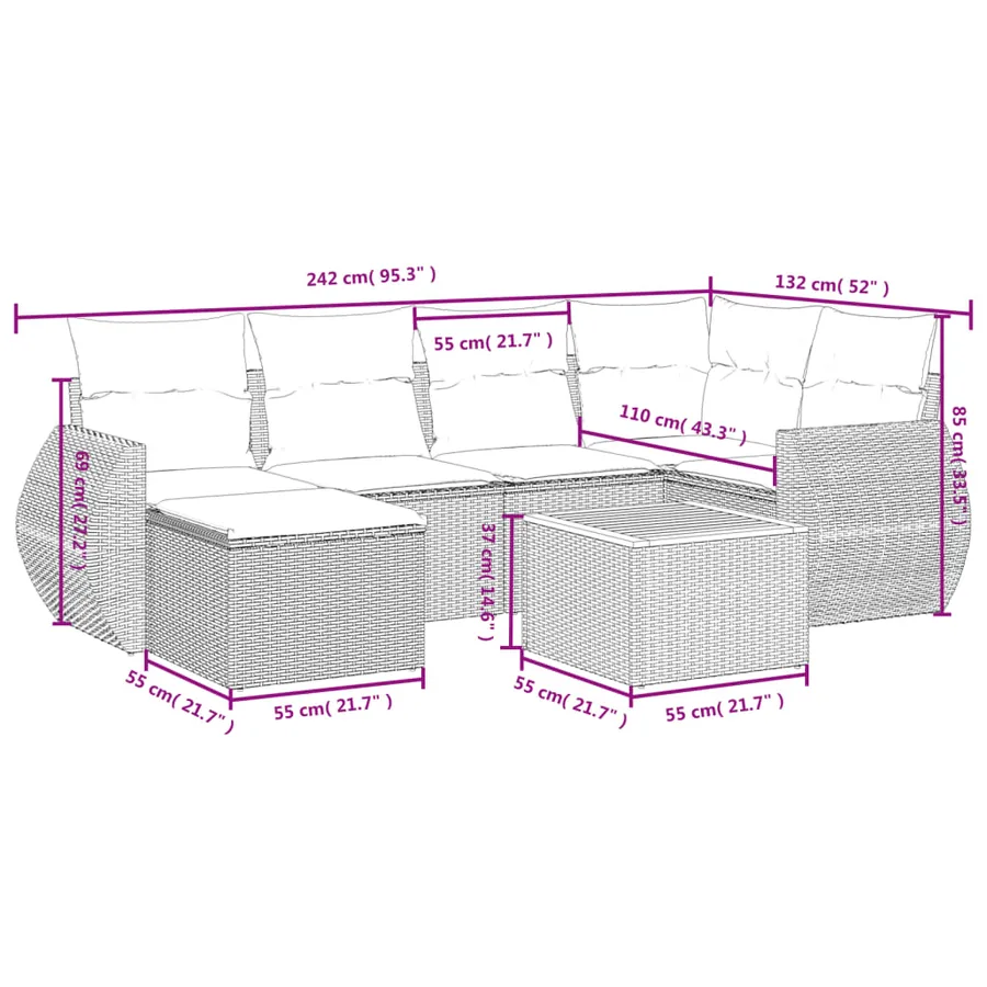 Salon de jardin 7 pcs avec coussins noir résine tressée 62 x 62 x 69 cm - 56,5 kg - 9