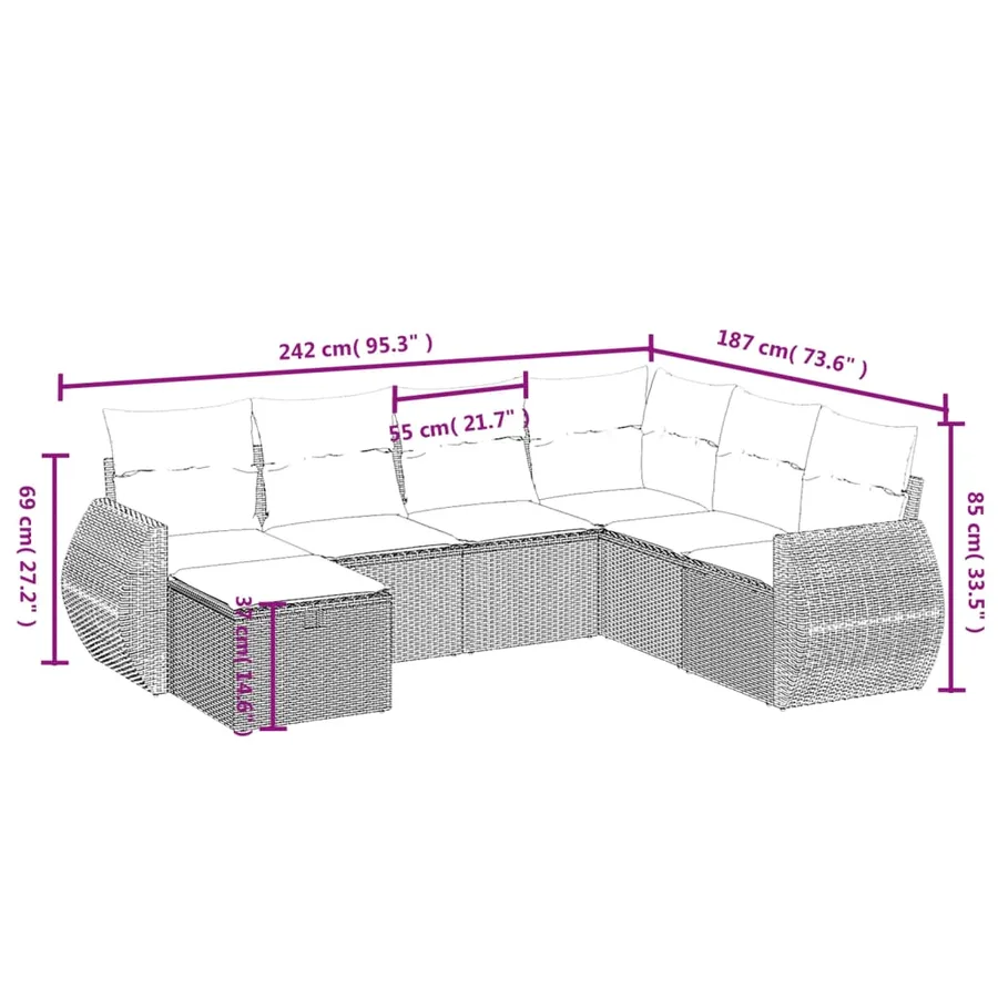 Salon de jardin 7 pcs avec coussins noir résine tressée 62 x 62 x 69 cm - 55,2 kg - 4