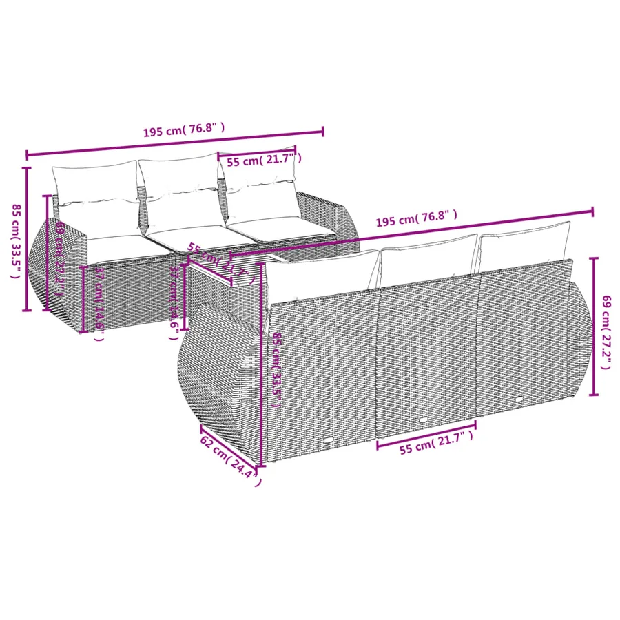 Salon de jardin avec coussins 7 pcs gris résine tressée - 7