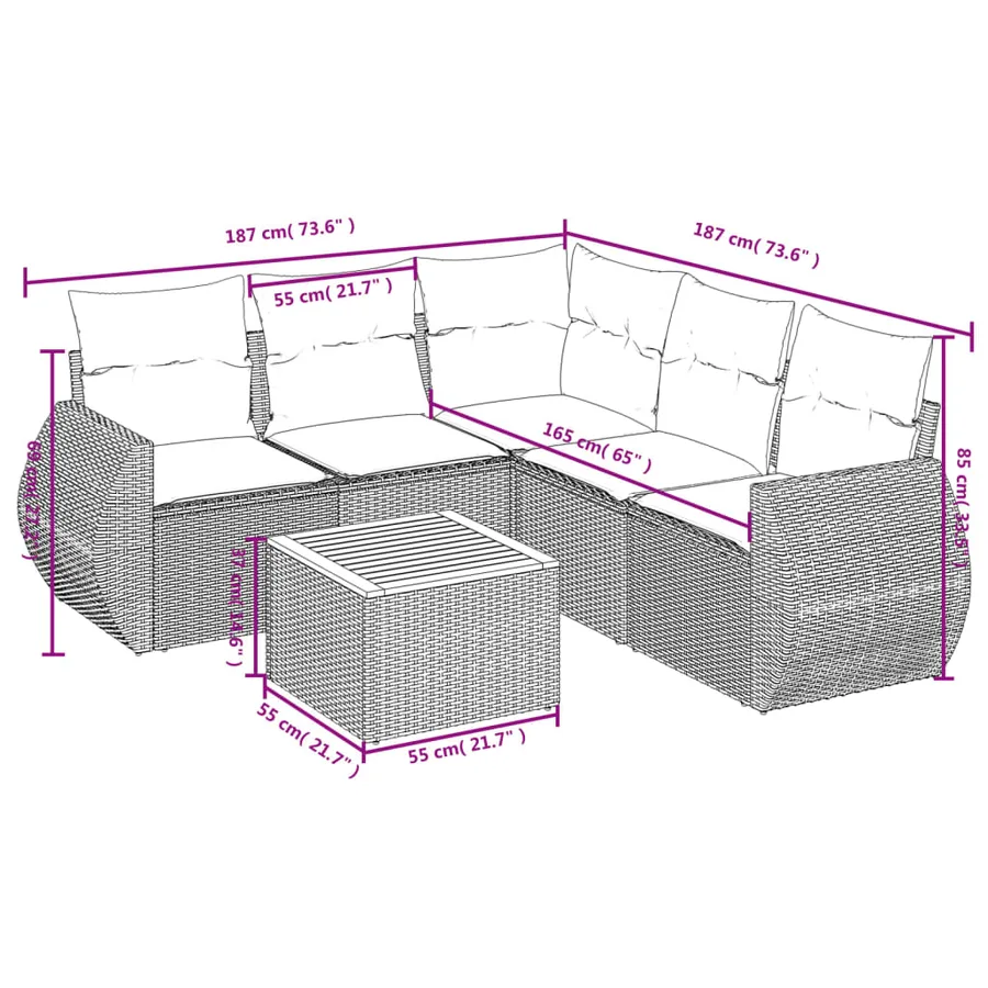 Salon de jardin 6 pcs avec coussins gris résine tressée - 8