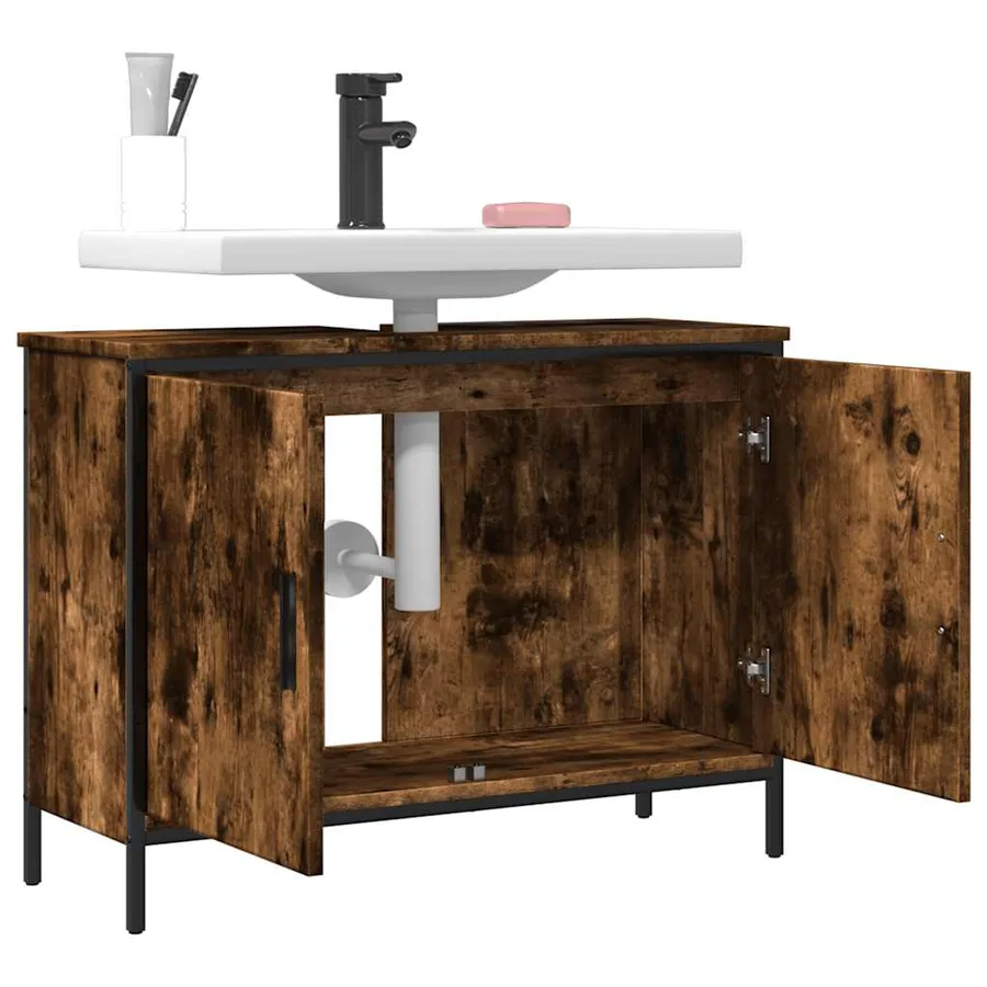 Armoire lavabo de salle de bain chêne fumé 80x30x60 cm - 9
