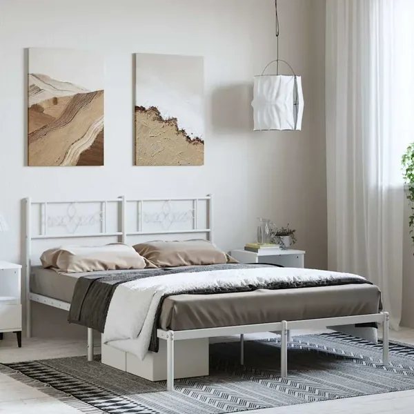 Cadre de lit métal sans matelas et tête de lit blanc 135x190 cm