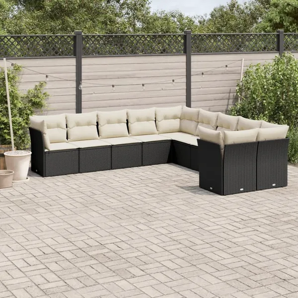 Salon de jardin 10 pcs avec coussins noir résine tressée