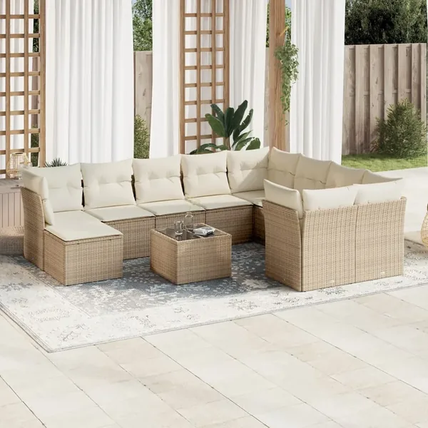 Salon de jardin 11 pcs avec coussins beige résine tressée