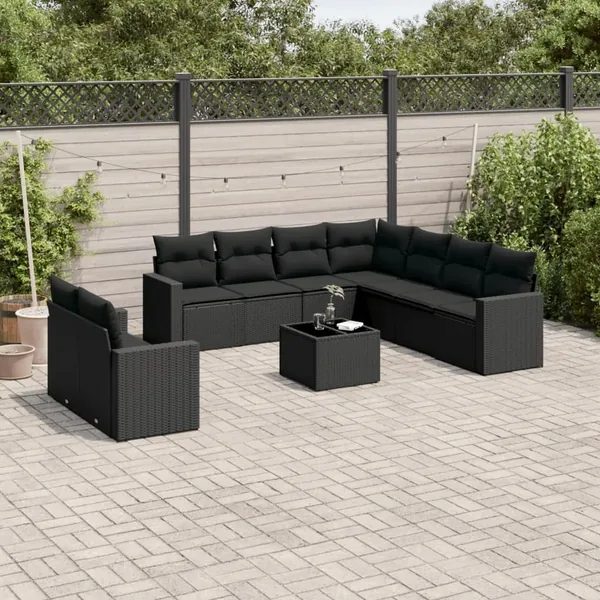 Salon de jardin 10 pcs avec coussins noir résine tressée