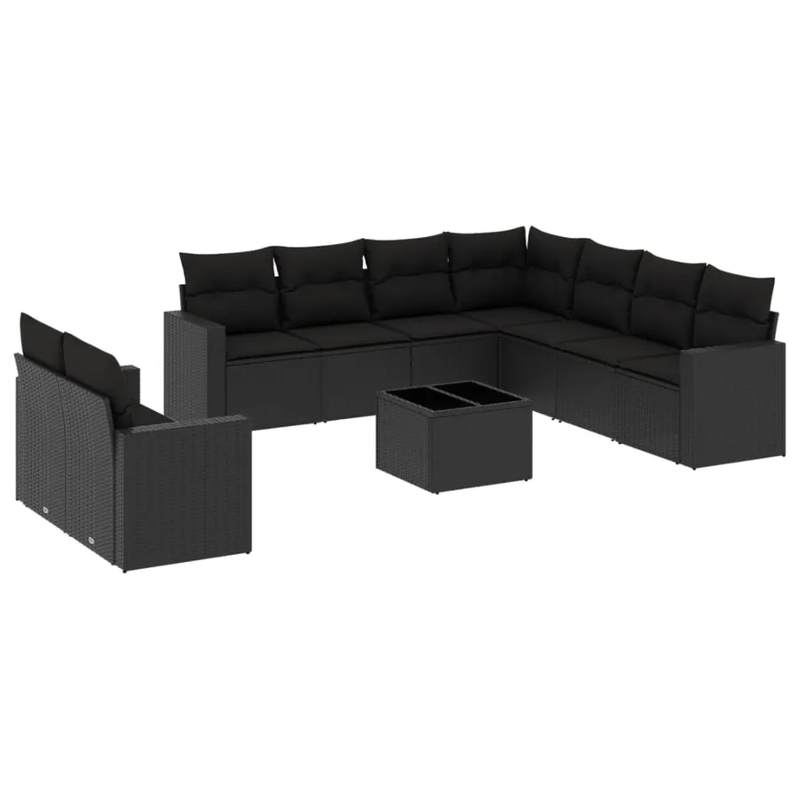 Salon de jardin 10 pcs avec coussins noir résine tressée - 2
