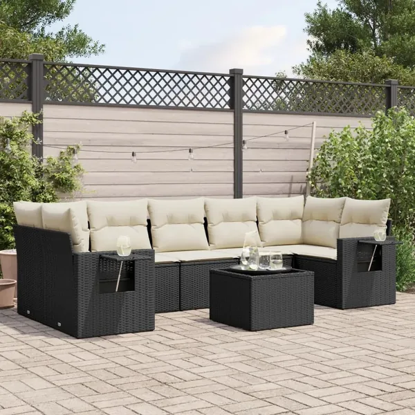 Salon de jardin 8 pcs avec coussins noir résine tressée