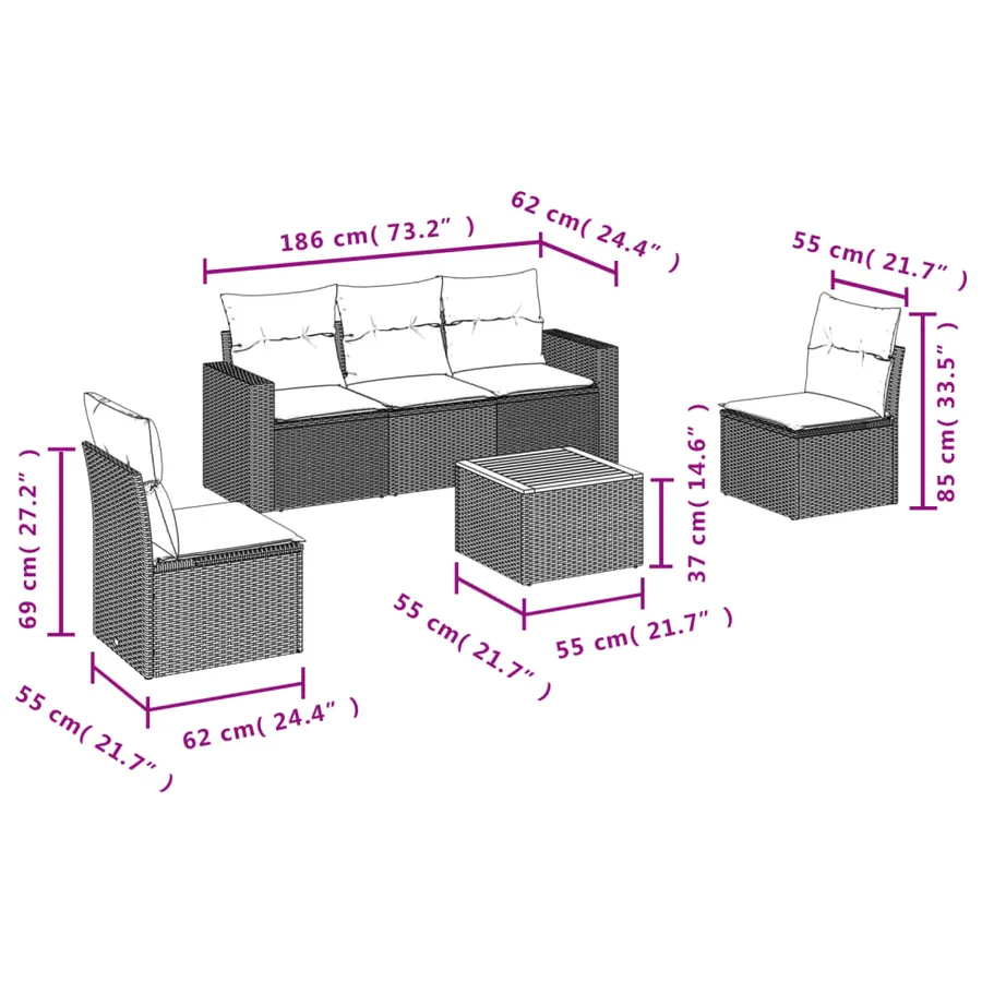 Salon de jardin 6 pcs avec coussins noir résine tressée - 10